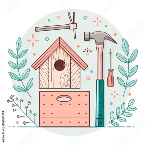 DIY Birdhouse Construction Kit with Tools and Decorative Elements