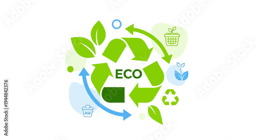 Eco-friendly recycling symbol illustration with green leaves and arrows on a clean white background representing Global Recycling Day and environmental conservation