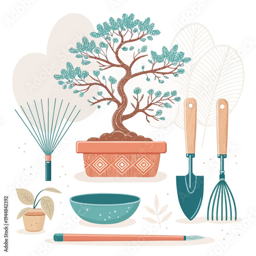 Bonsai gardening kit illustration with a small tree, hand tools, pots, and accessories for plant care. Perfect for horticulture hobbyists