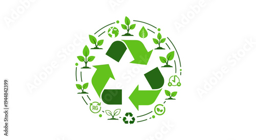 Green recycling symbol illustration with eco-friendly leaves and arrows on a white background, representing Global Recycling Day and environmental conservation efforts
