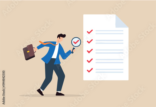 Flat illustration of businessman with magnifier inspects document check quality assurance and research for proof.