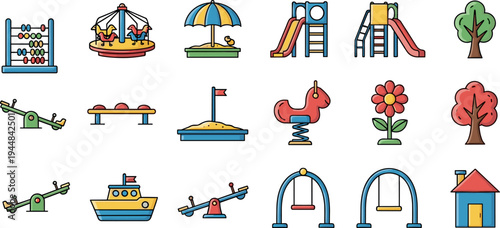 playground, park, equipment, kids, swing, slide, seesaw, sandbox, carousel, tree, flower, toy, outdoor, amusement, illustration, cartoon, collection, playset, activity, icons