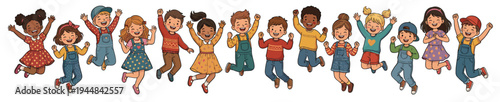 Diverse multiethnic happy children jumping and cheering together isolated on white background for childhood education friendship and school celebration illustration concept