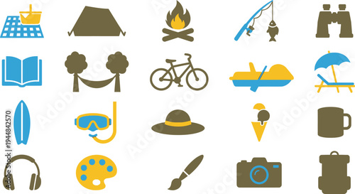 Collection of outdoor activity and vacation icons representing leisure time pursuits and hobbies.