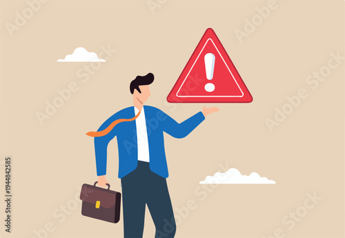Flat illustration of businessman hold exclamation mark sign concerned about solving problem