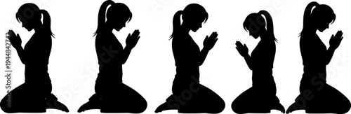 Woman praying silhouette collection, kneeling female prayer poses spiritual worship meditation faith vector illustration isolated black silhouette set