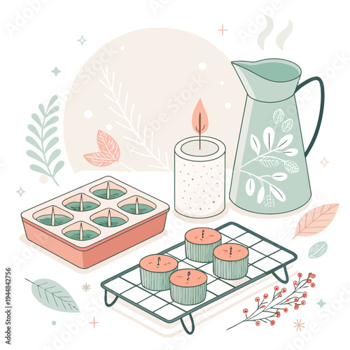 Handmade candle making process with supplies and finished products