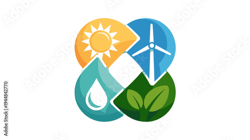 Eco-friendly energy concept: sun, water, wind and plant.