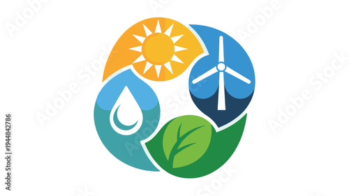 A colorful emblem with renewable energy sources.