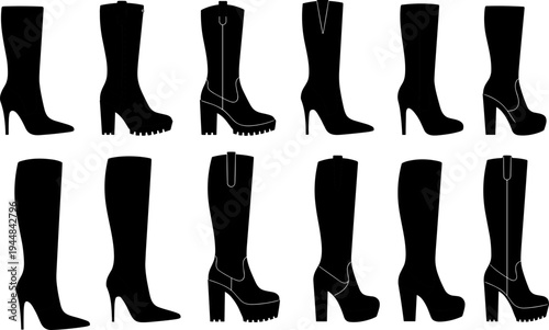 Women high heel boots silhouettes collection, fashionable knee high footwear icons stylish female shoes vector illustration isolated set
