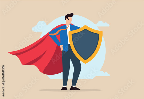 Flat illustration of businessman superhero holds strong protection shield symbolizing security and safeguarding against cyber threats