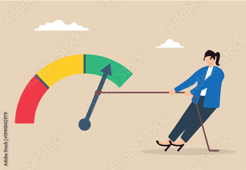 Flat illustration of strong businesswoman pull string on rating gauge to reach excellent credit score customer feedback performance quality control.