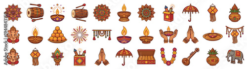Large Collection of Indian Cultural Symbols and Hindu Festival Icons Including Ganesha Diya and Traditional Ornaments for Diwali Holi and Religious Celebration Isolated on White