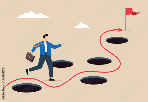 Smart businessman avoid numerous pitfalls to achieving business success. He bravely navigates past mistakes and failures, utilizing his skills and creativity to solve problems and overcome