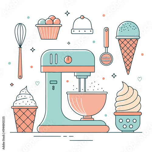 Kitchen appliance and desserts vector illustration in outline style, perfect for food blogs and recipe websites