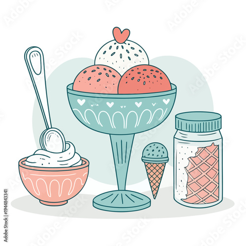 A delightful collection of assorted ice cream in various dishes, including a sundae bowl, a cup with a spoon, and a waffle cone with sprinkles