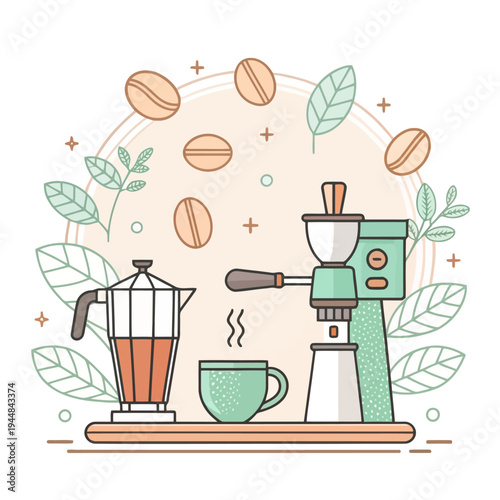 Artisanal Coffee Brewing Illustration Featuring Traditional Moka Pot and Modern Espresso Machine, Surrounded by Fresh Coffee Beans and Delicate Leaves for a Perfect Brew