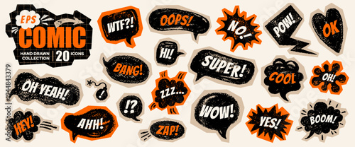 Comic boom cartoon set. Wow bomb pow bang text with pop effect. Y2k icon with text vector. Speech comic collage. Cartoon boom doodle element. Bubble cloud art. Burst onomatopoeia bg. Wow sticker sign