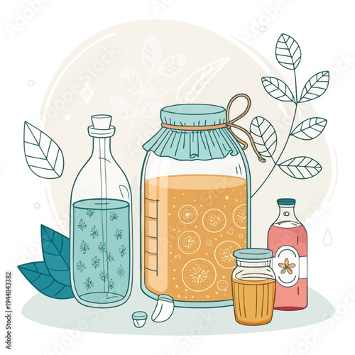 Hand-drawn illustrations of natural remedies and organic ingredients for health and wellness