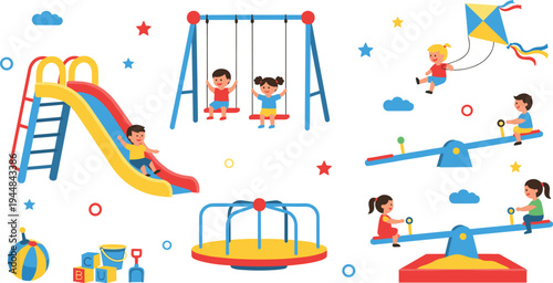 Kids Playground Activities Vector Illustration Featuring Children Playing on Slide, Swings, Seesaw, Carousel, Kite Flying and Outdoor Park Recreation Elements.