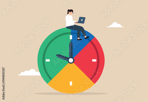 Flat illustration of businesswoman works with laptop on split time clock managing part-time job.