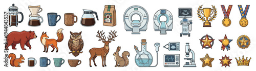 Diverse Icon Set Collection Featuring Coffee Brewing Equipment Wild Forest Animals Medical Diagnostic Machines and Achievement Award Symbols for Web Design and Creative Education Projects