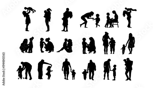 A collection of black silhouettes depicting various family and parenting moments