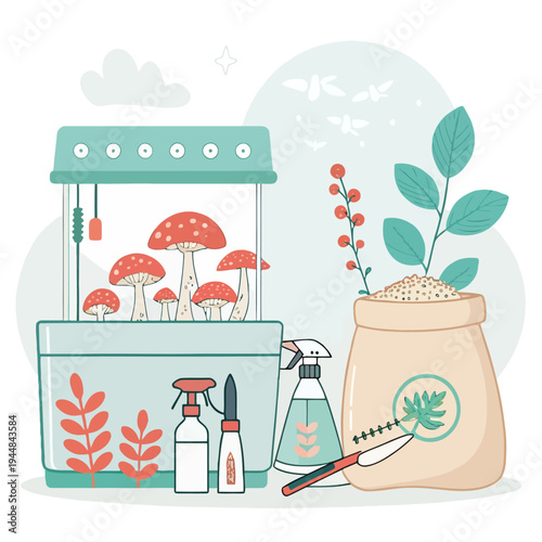 Home Mushroom Growing and Indoor Plant Cultivation Setup Illustration with Mini Greenhouse, Garden Tools, and Leafy Sprouts
