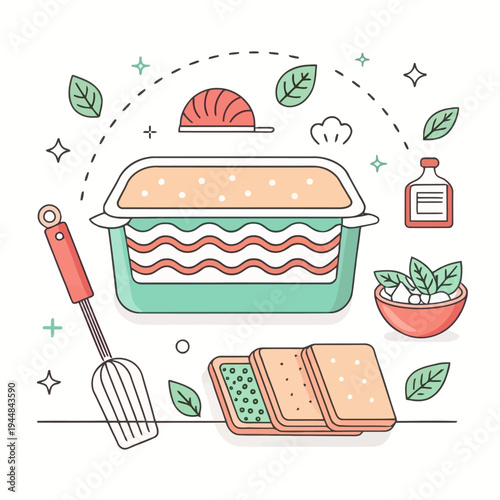 Lasagna making process, cooking dish preparation with ingredients and utensils