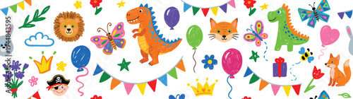 Seamless Horizontal Banner with Cute Colorful Cartoon Animals Dinosaurs and Party Elements in Hand Drawn Crayon Texture for Kids Birthday Celebration Nursery Decor and School Projects