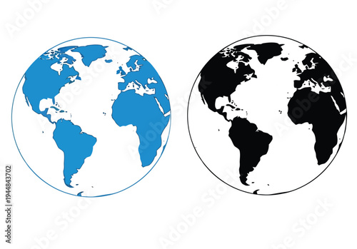 Two globes, one blue and one black, showing continents on a white background. represents global connection and world map
