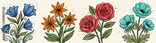 Set of Beautiful Hand Drawn Floral Bouquets Featuring Red Roses Bluebells and Lilies in Watercolor Style for Wedding Invitations Greeting Cards and Botanical Nature Design