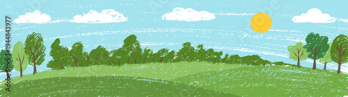 Hand Drawn Crayon Texture Green Hills Landscape with Trees and Sun Illustration for Summer Nature Background School Project and Eco Friendly Environment Concept Banner
