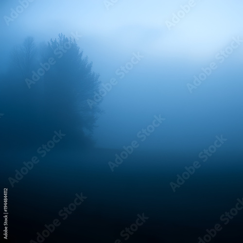 A quiet landscape shrouded in cool morning mist, capturing the deep blue hours just prior to sunrise and first light, fields, scenic, darkness