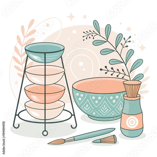 Whimsical illustration showcasing pottery tools and beautifully handcrafted ceramic bowls, arranged with botanical accents, perfect for art and craft hobby themes
