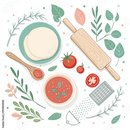 Overhead flat lay illustration of fresh ingredients and kitchen tools for making homemade Italian pizza or pasta on a clean white background, perfect for cooking blogs and culinary concepts