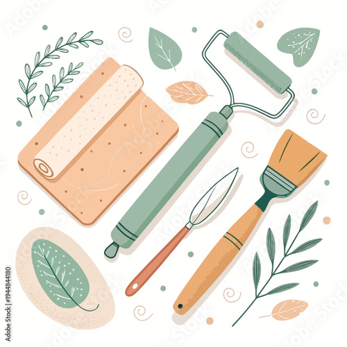 Set of art and craft tools, including a paint roller, brush, and carving knife, surrounded by green leaves and branches, suggesting creative hobbies and DIY projects
