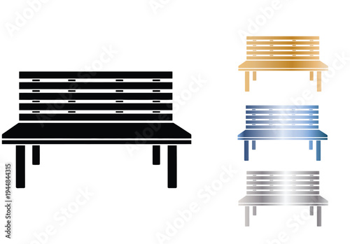 Collection of park benches in various colors: wood, blue, silver, park bench
