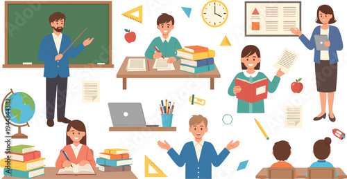 School Education Illustration Set Featuring Teachers, Students, Classroom Learning, Blackboard Teaching, Study Books, Homework and Academic Activities.