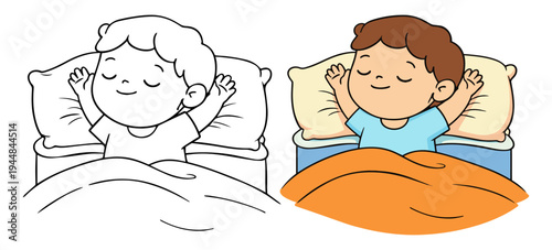 Little Child Stretching in Bed Morning Activity Line Art and Colored Vector Set for Children Education