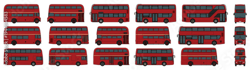 Red London Double Decker Bus Icon Set Flat Vector Illustration for City Public Transport Tourism and Urban Transit Design Elements Isolated on White Background
