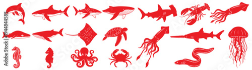 Red Silhouette Sea Animals Icon Set Marine Life Ocean Creatures Vector Illustration Isolated on White