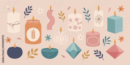 Collection of Decorative Candles and Botanical Elements