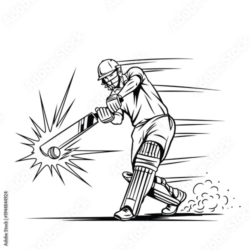 A male batsman hitting ball with bat with powerful impact in black and white illustration