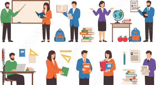 Teachers and Students Education Illustration Set Featuring Classroom Teaching, Study Books, School Supplies, Blackboard Lessons and Academic Learning Activities.