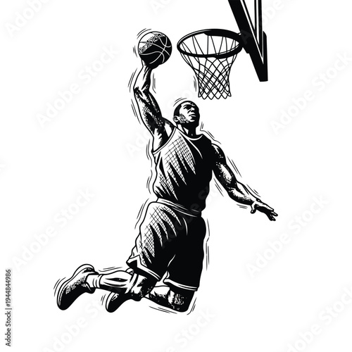 A male basketball player dunking ball into net with strong athletic jump in black and white
