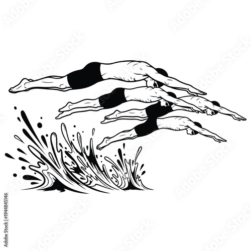 Male swimmers dive into water, powerful start, competitive synchronized swimming action