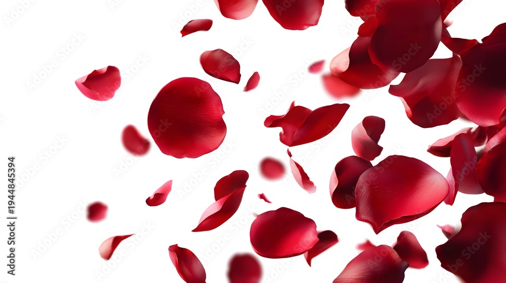Fototapeta premium Red Rose Petals Falling Gracefully Against a White Background.