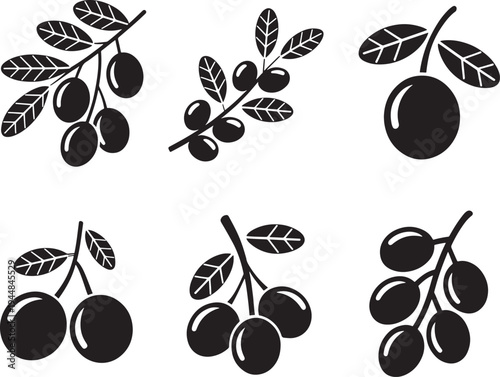 A curated collection of six stylized graphic icons depicting branches laden with ripe olives and cherries presented as simple black silhouettes on a clean white background for versatile design applica