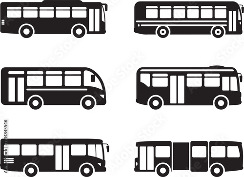 Collection of diverse black bus silhouettes featuring various designs from traditional city buses to articulated vehicles isolated on a transparent background for easy integration into graphic project